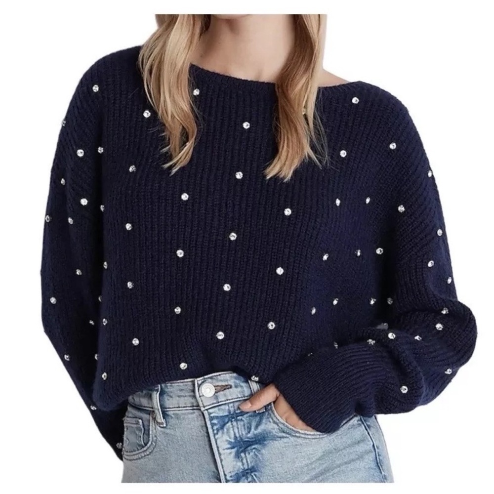 Express Criss Cross Reversible Navy Blue with Rhinestones Sweater